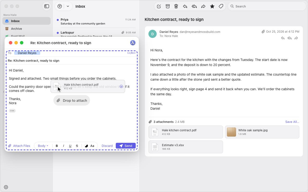 A Lambda Mail reply with a PDF dragged over its text: the window shows Drop to attach, and the message's three files wait in the tray behind it.