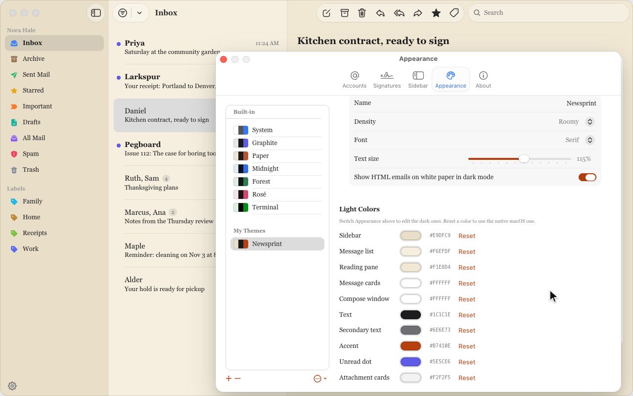 Lambda Mail's Appearance settings with a new theme, Newsprint, made from a copy of Graphite: a serif font, roomy rows, larger text, warm colors and a rust accent, with the main window behind it in the same look.