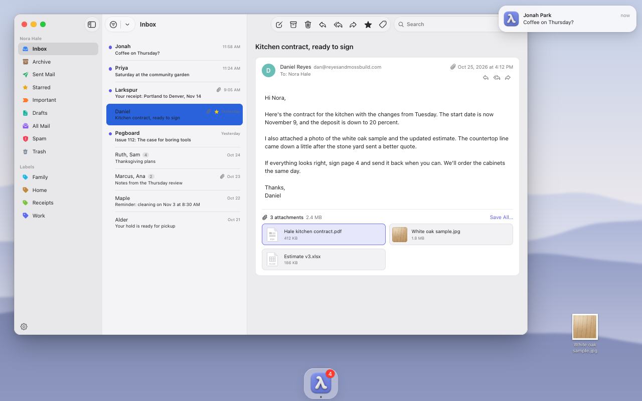 Lambda Mail on the desktop as new mail arrives: a notification from Jonah Park, his message at the top of the Inbox, the Dock icon's badge at 4, and a photo from the open message copied to the desktop.